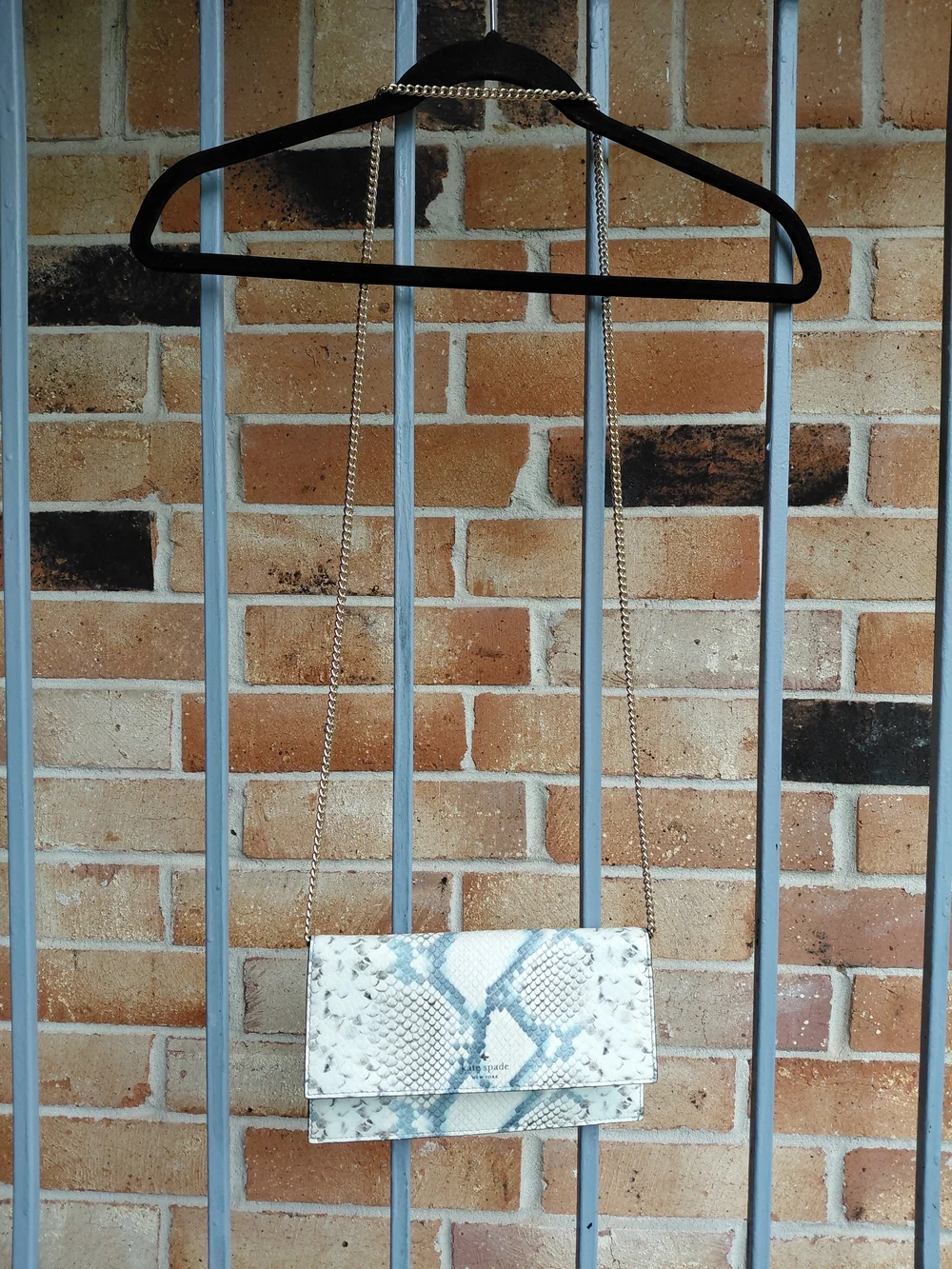 kate spade White and Light Blue Snake-Print Crossbody with Gold Chain